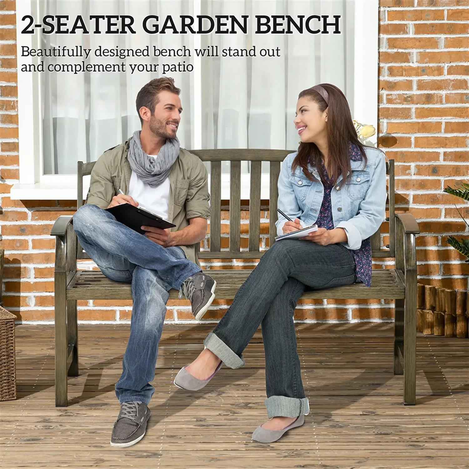 Demi Bonn 2-Person Patio Garden Bench Metal Porch Bench, Outdoor Benches Furniture with Wood Look for Backyard, Park, Lawn, Yard, Black