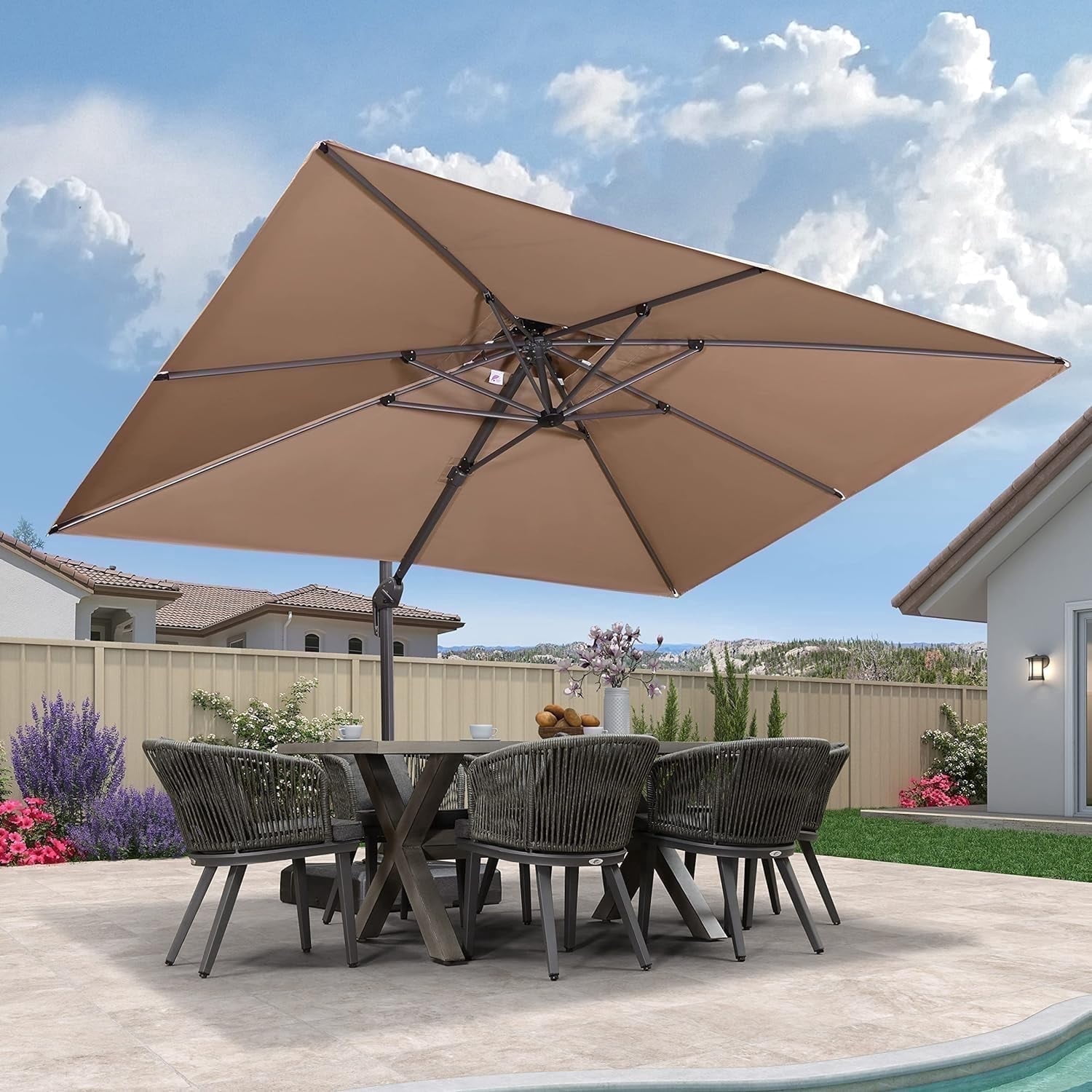 PURPLE LEAF Outdoor Cantilever Umbrellas 9' X 12' Rectangle Large Patio Umbrella Offset Umbrella with 360°Rotation Tilting And Hanging Double Top, Taupe