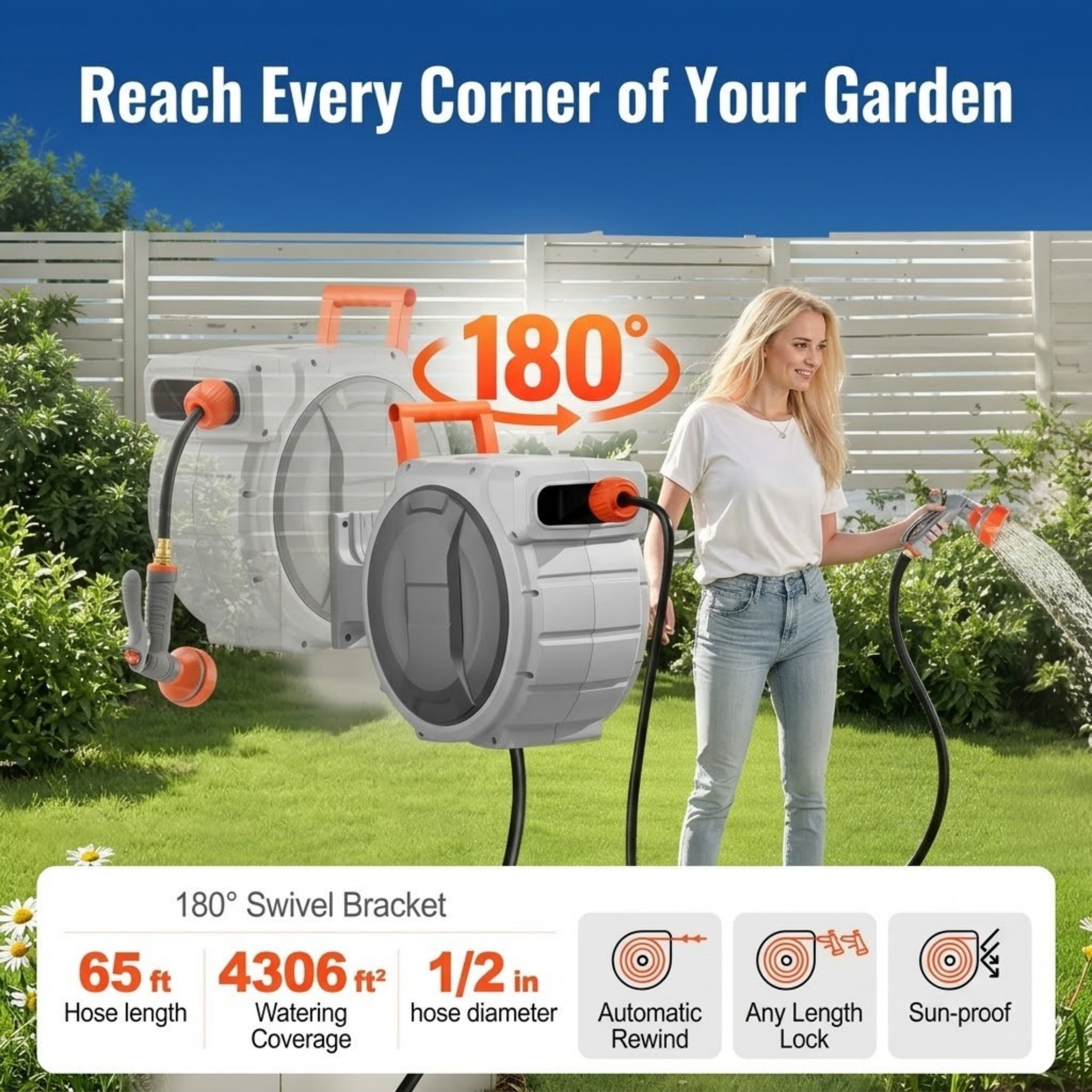 Wall Mounted Retractable Hose Reel with 180° Swivel, 65ft x 1/2" Hose and 9-Pattern Nozzle