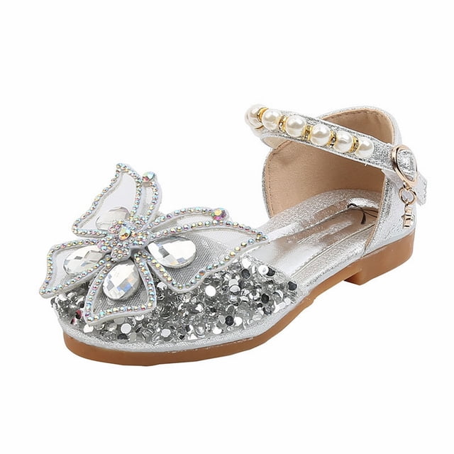 GiLiling Girls Rhinestone Flower Pearl Sandals, Adjustable Ankle Strap Princess Dress Shoes, Non Slip Performance Dance Flats for Toddler Kids (Silver, 18-24 Months)