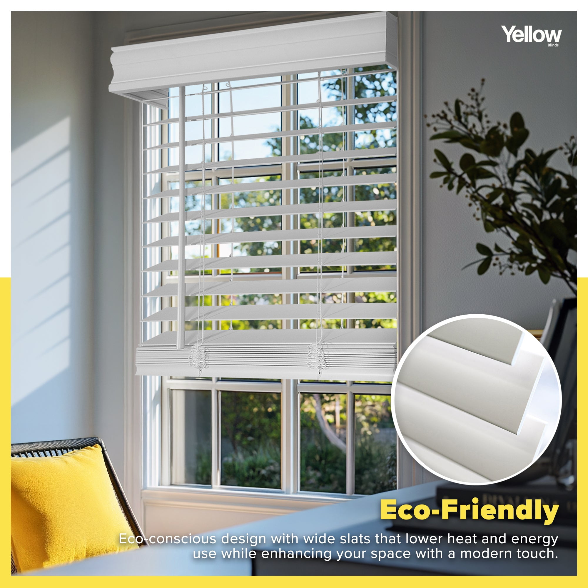 Yellow Blinds Cordless Blackout 2" Inch Faux Wood Blinds with Laguna Valance | No-Hole Slats Design | Moisture-Resistant | Room Darkening | 65.75" W x 48" L