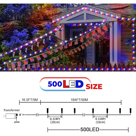 YUYAN-4th of July Patriotic Decoration, 500 LED Red White and Blue Lights with 8 Modes, Outdoor Waterproof String Lights for Fourth of July, Memorial Day, Independence Day Decor
