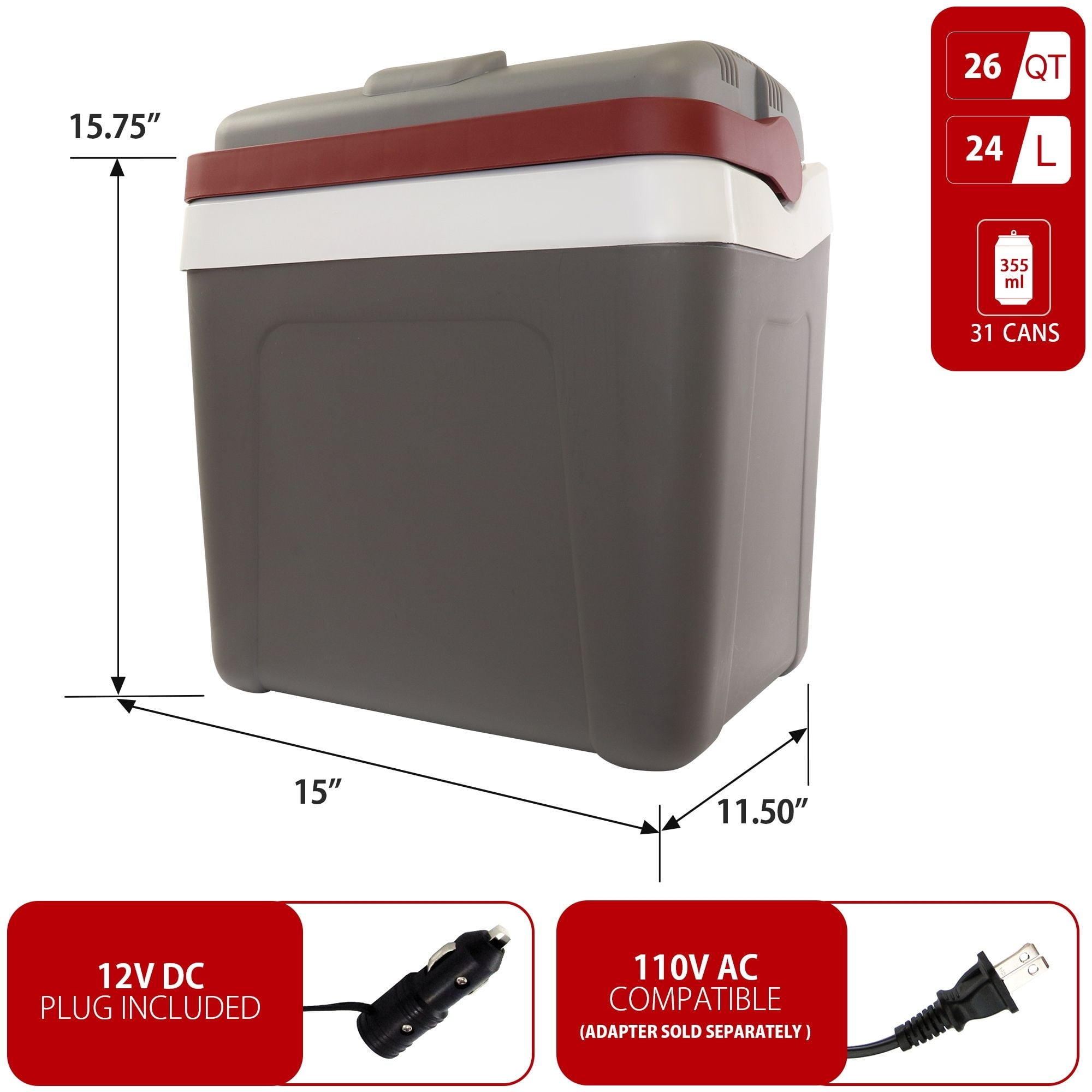 Koolatron 12V Electric Cooler 24L (26 qt), Self-Locking Handle, Gray/Red