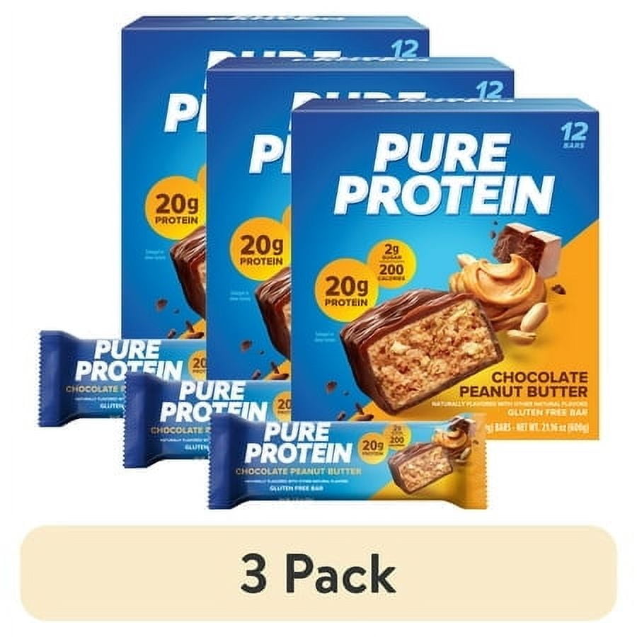 (3 pack) Pure Protein Bars, Chocolate Peanut Butter, Low Sugar, 20g Protein, 1.76 oz, 12 Count