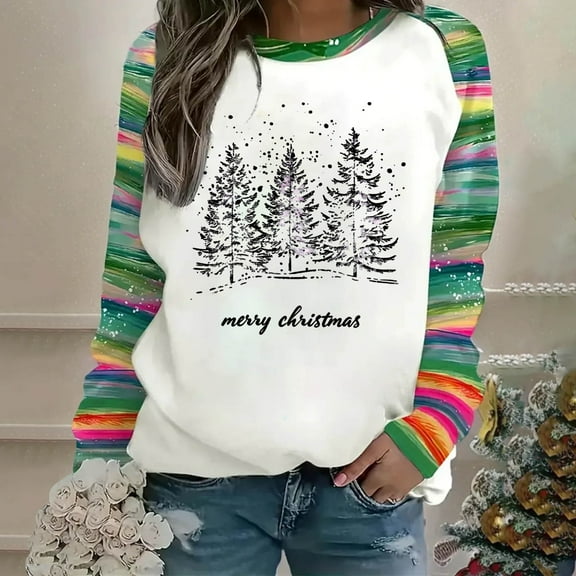 LEKWK Women's Christmas Sweatshirts Xmas Tree Graphic Tops Raglan Long Sleeve Crew Neck Oversized Shirts Cute Funny Holiday Blouses Going Out Clothes Winter Fashion Outfits