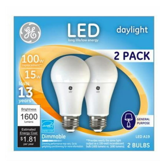 GE 66133 LED A19 Light Bulb with Medium Base, 17-Watt, Daylight, 2-Pack, 2 Count