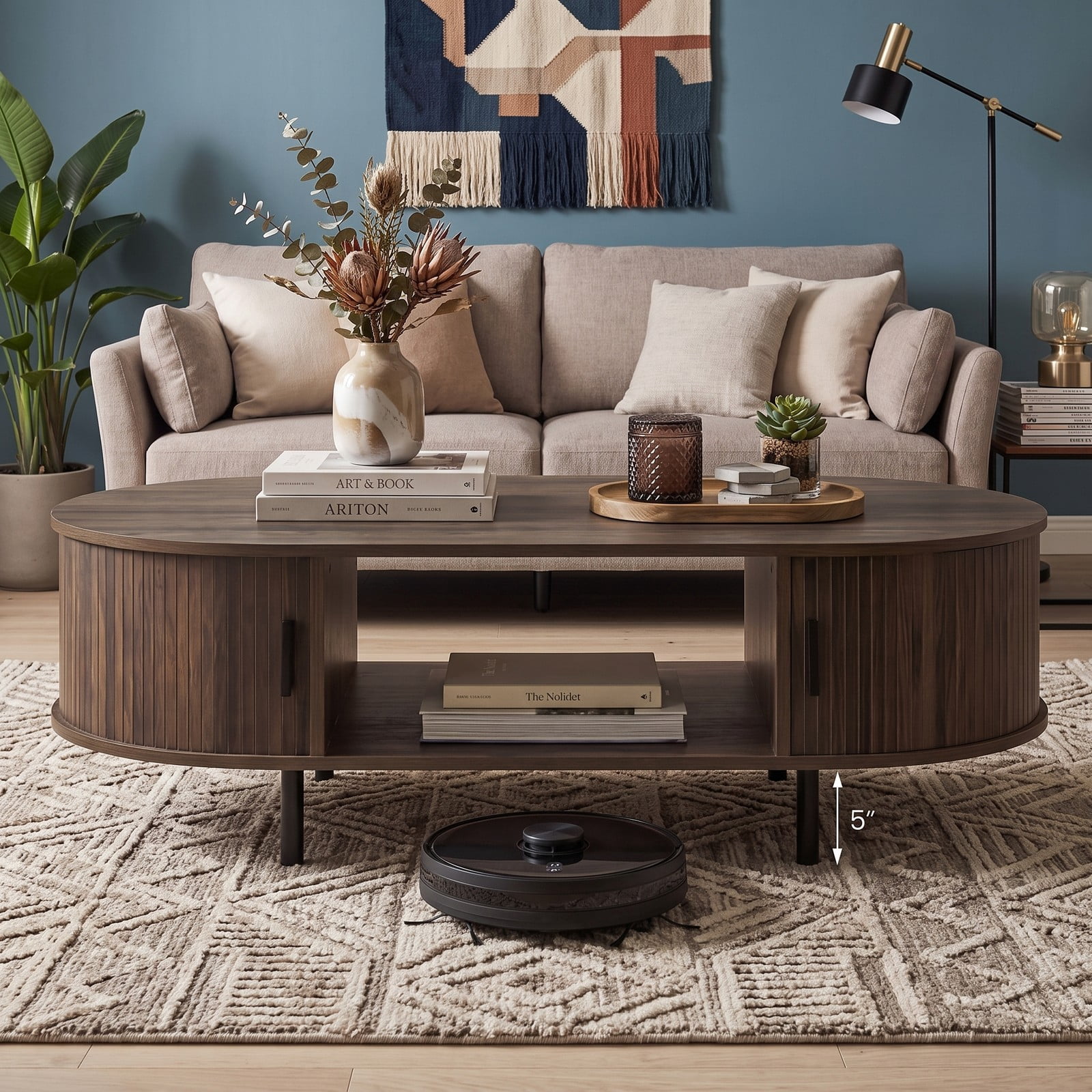 Furnibear Oval Coffee Table 47.5 Inch Wooden Center Table with Storage Shelves and Sliding Doors for Living Room, Walnut