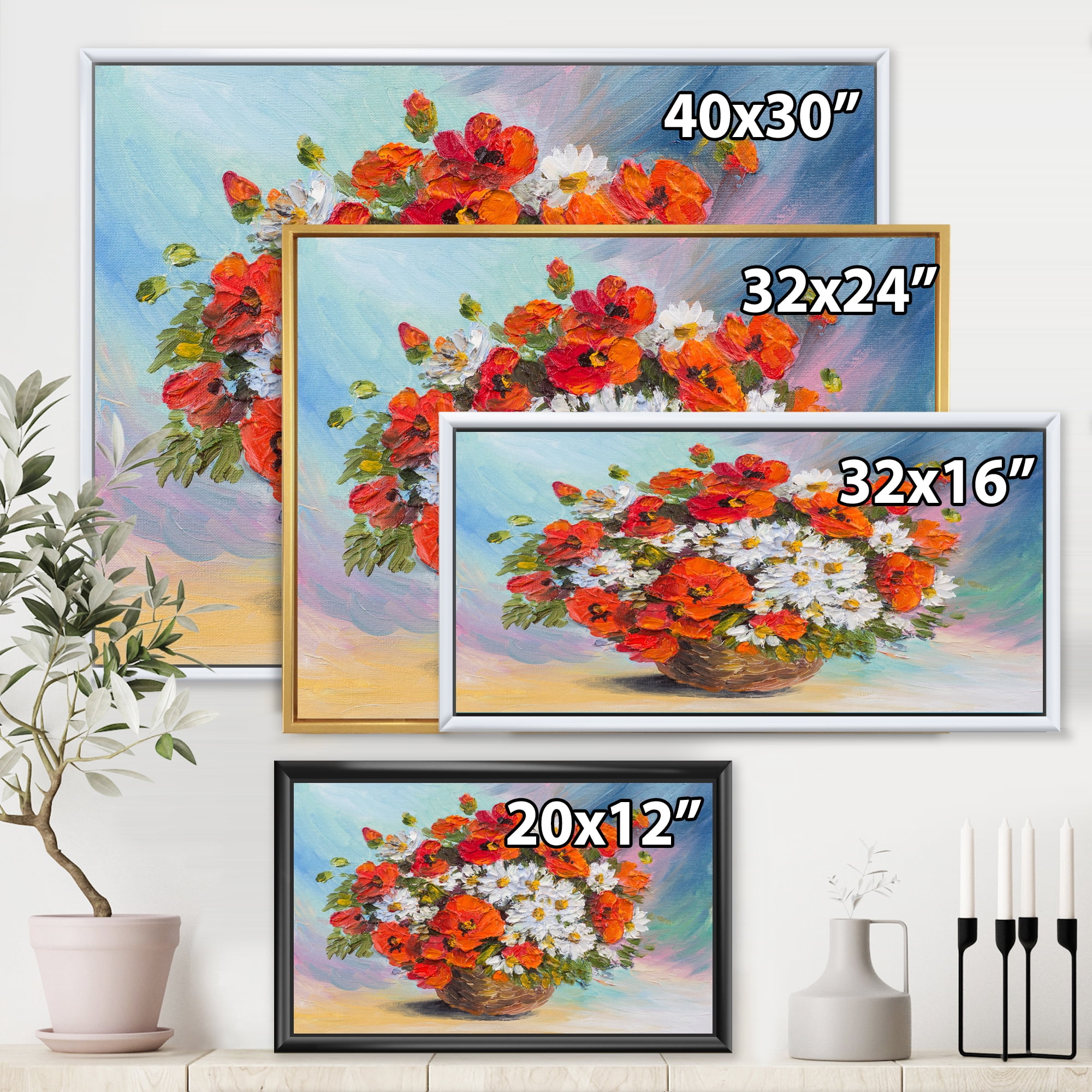 Designart 'Still Life Bouquet Of Daisies and Poppies' Traditional Framed Canvas Wall Art Print