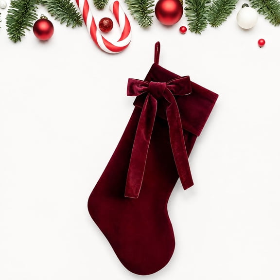 19 Inch Red Velvet Christmas Stocking, Thick Traditional Holiday Stocking with Bow and Hanging Loop, Christmas Stockings for Fireplace Mantel and Family Holiday Decorations