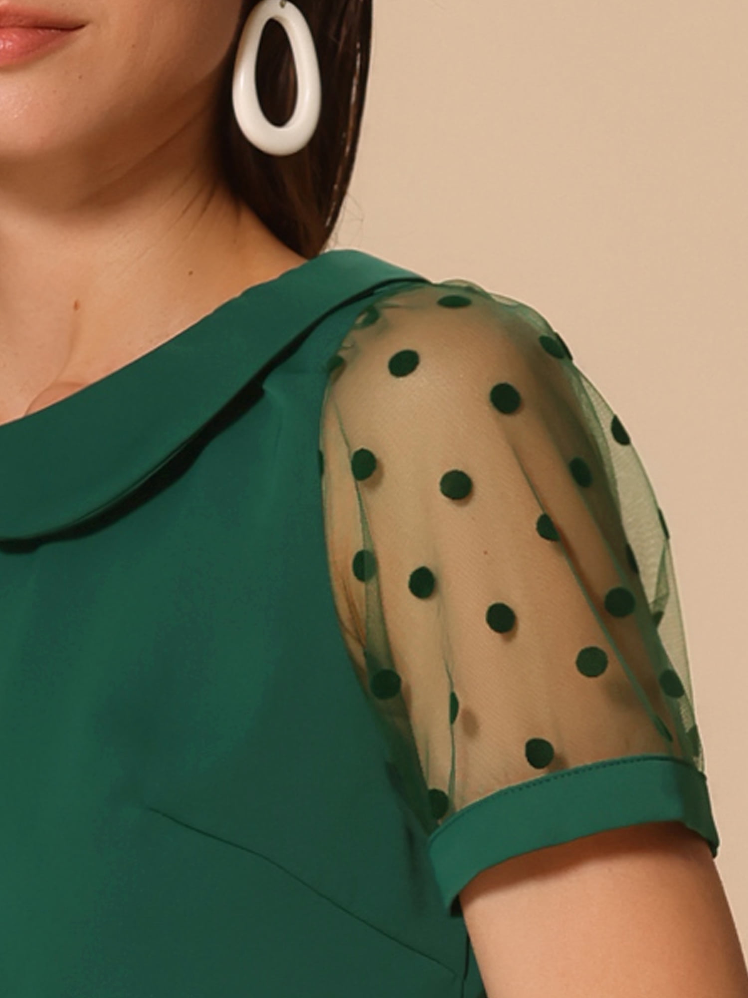 DARING DIVA Women's Polka Dots Mesh Peter Pan Collar Blouse XL Dark Green
