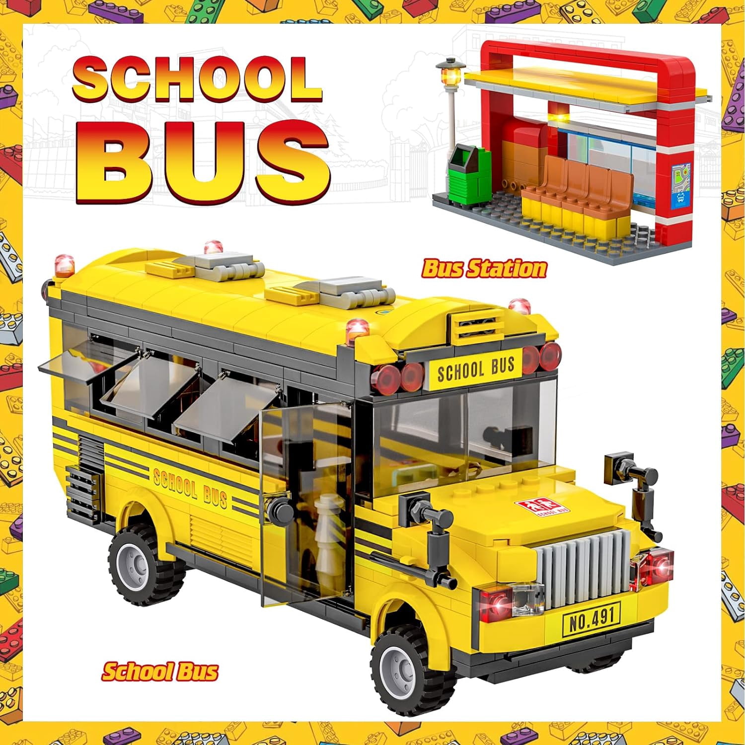 City School Bus Building Kit with Yellow Bus and Bus Station, Creative Building Blocks Toy Birthday Gifts for Kids Boys Girls Aged 6-12 (488 Pieces)
