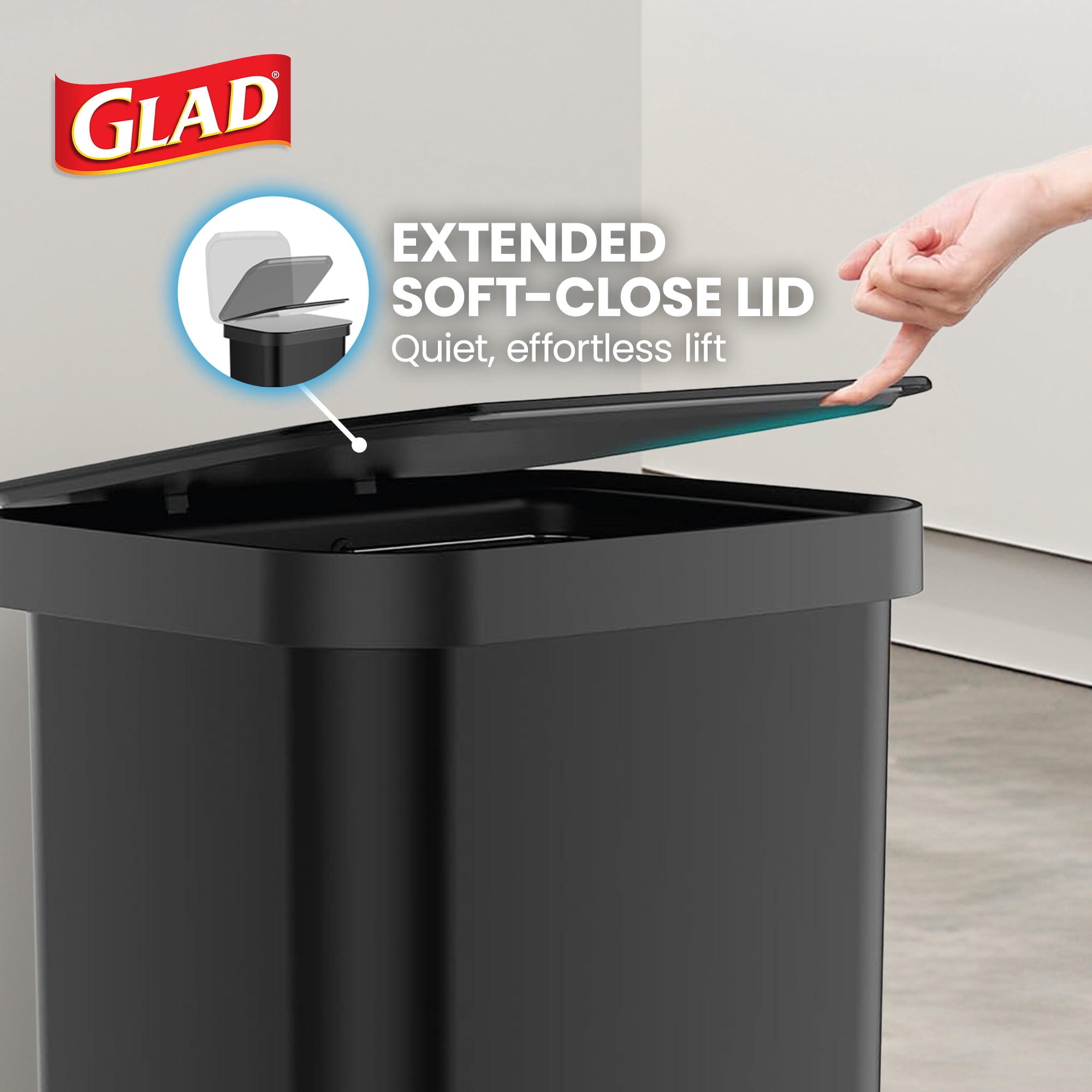 Glad Step Trash Can, Series 2 Soft Close Garbage Bin with Odor Protection, 13 Gal, Black