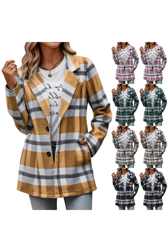 Jackets for Women Button Down Shacket Jacket Fashion Fall Plaid Print Wool Trench Coat Winter Clothing with Pockets, S-2XL