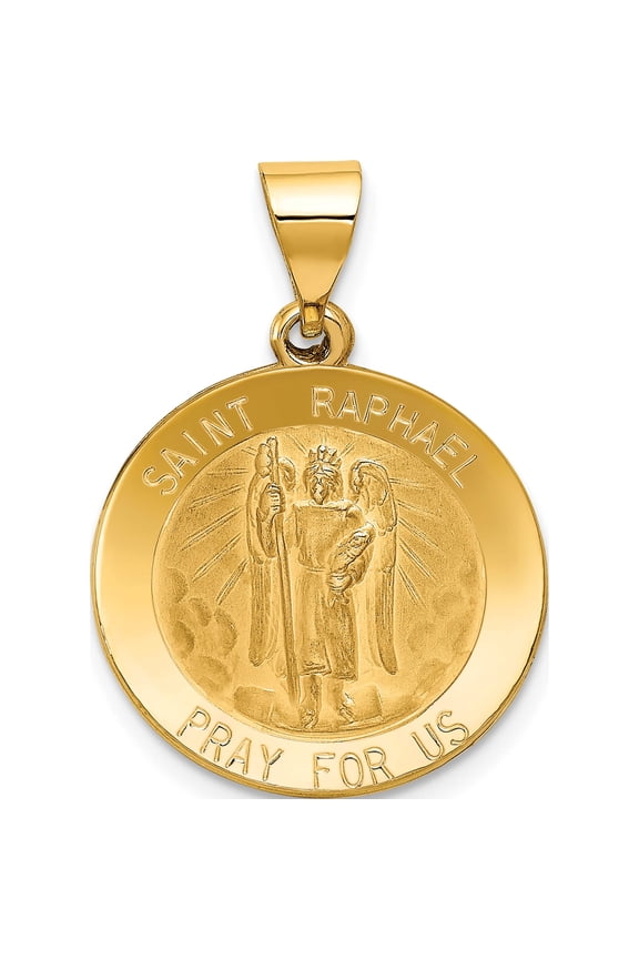 14K Yellow Gold Polished And Satin St Raphael Medal Hollow Pendant (22 X 20) Made In United States xr1383