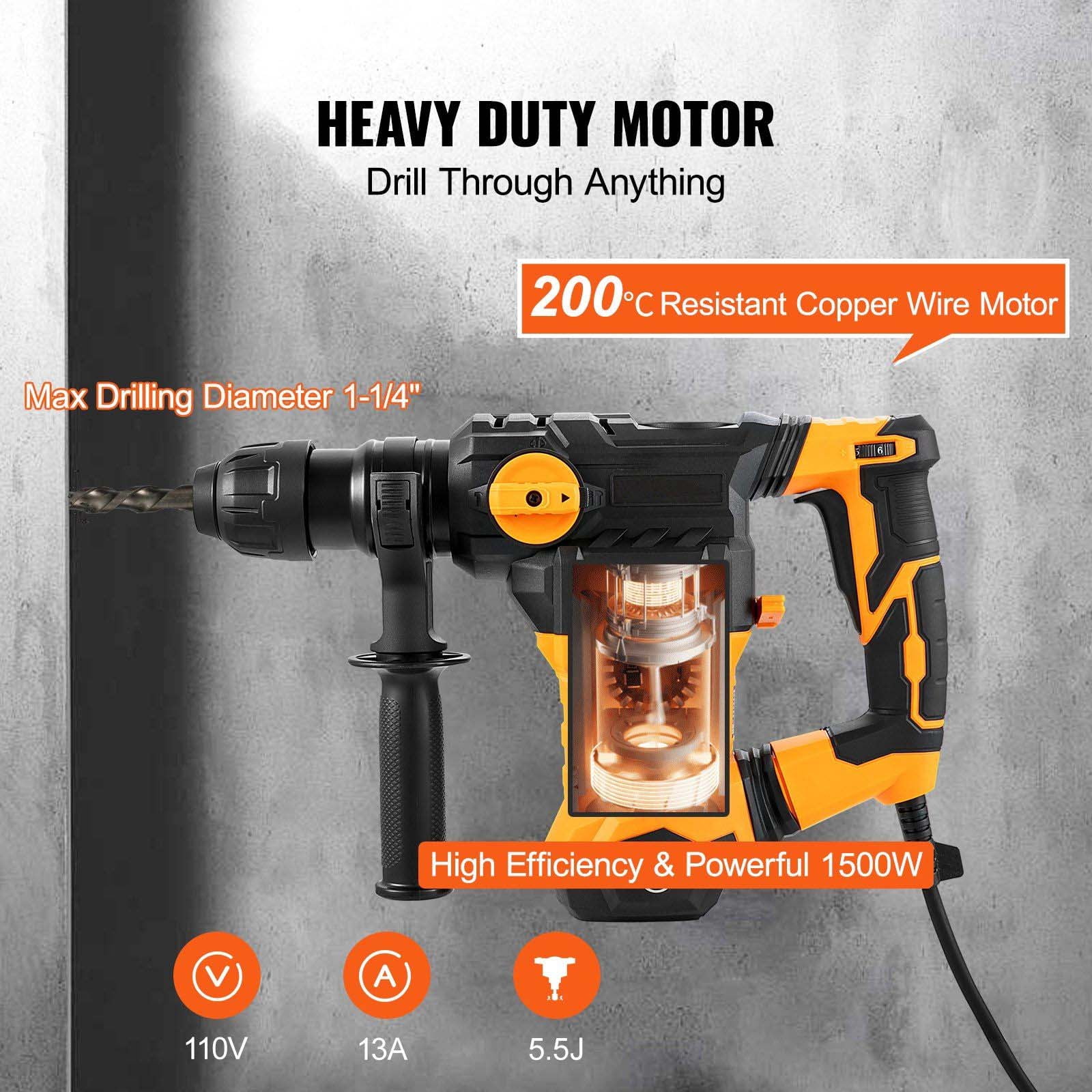 SDS-Plus Rotary Hammer Drill 1-1/4 Inch, 13 Amp Corded Hammer Drill, Heavy Duty Demolition Hammer with Vibration Control, Variable Speed Power Tool for Concrete