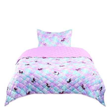 Tadpoles Girls Unicorn Quilt Set Twin Size Pink Blue Metallic Pink