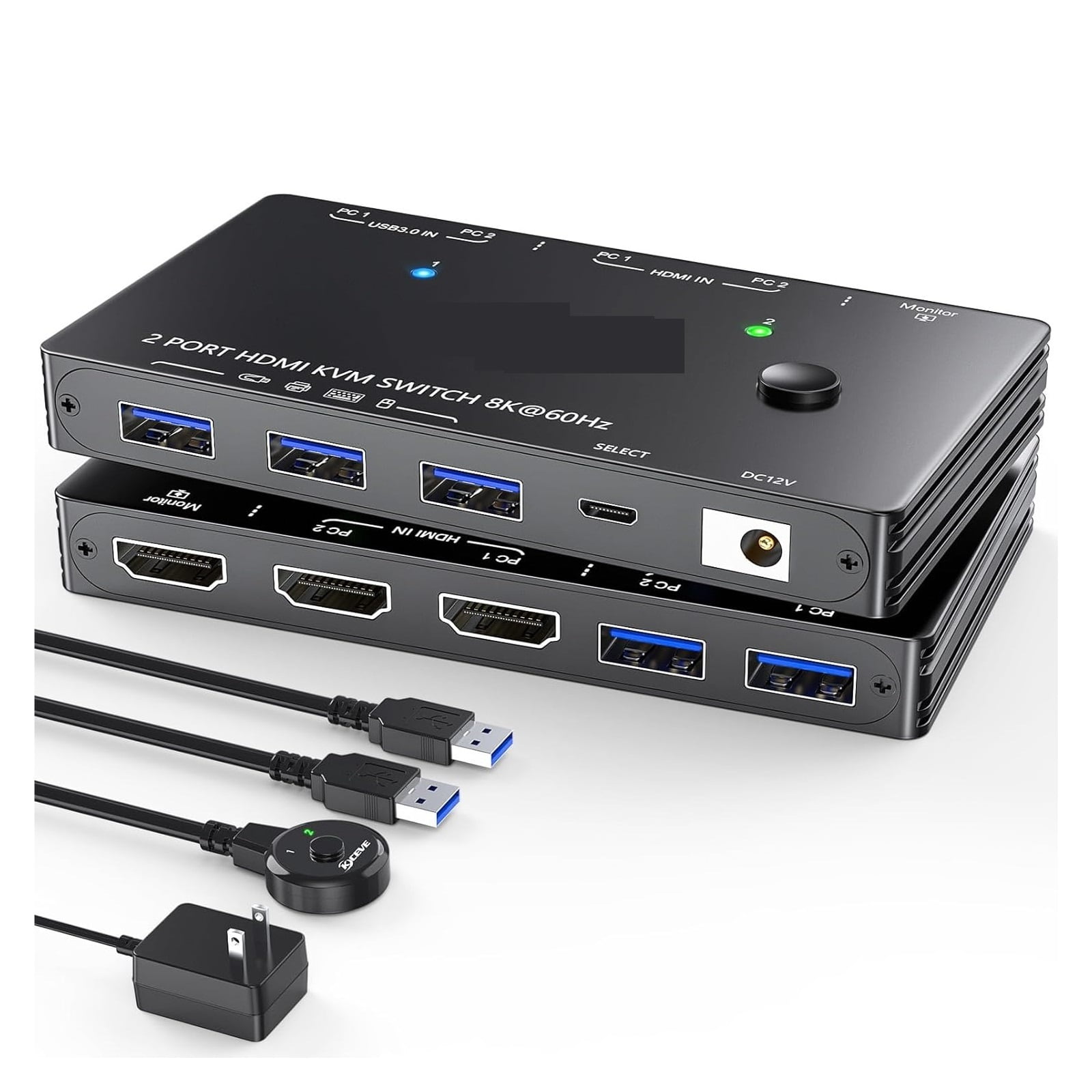 USB 3.0 KVM Switch 8K60Hz with 3 USB3.0 Switch for 2 Computers Sharing 1 Monitor Keyboard Mouse with 2 USB Cables