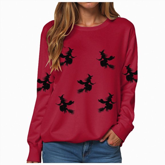 TOWED22 Womens Pumpkin Sweater Fall Winter Long Sleeve Halloween Sweatshirts Funny Pumpkin Witch Tunic Tops Casual Tops(Red,M)