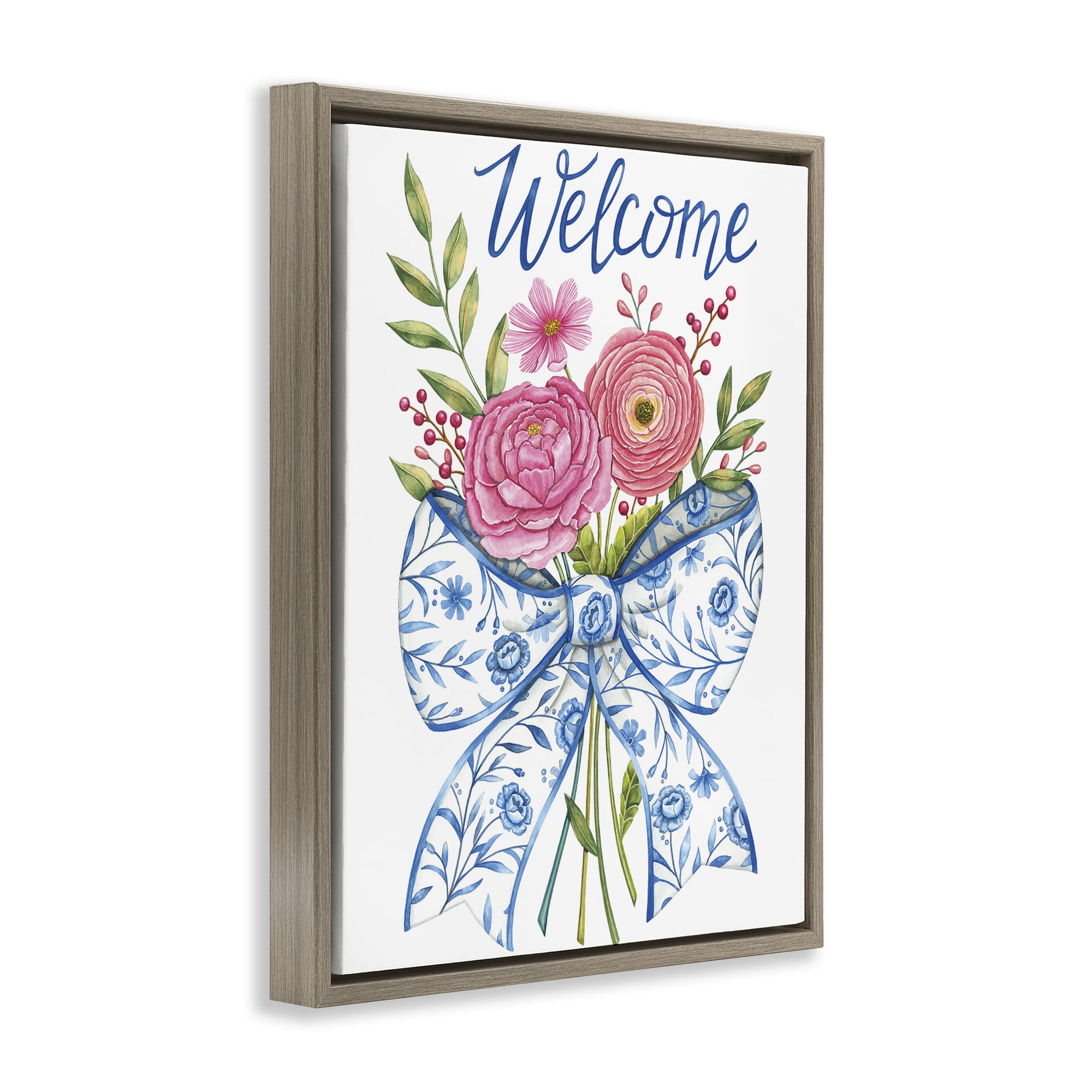 Stupell Industries Bow & Flowers Welcome Brown Framed Floater Canvas Wall Art, design by Deb Strain