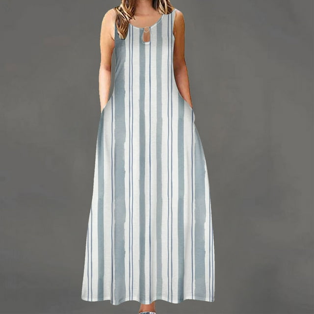 SMihono Robe Bohème d'Été pour Femmes Grande Taille Robe Sans Manches à Col Rond pour Femmes avec Imprimé et Poche Robe d'Été à Grande Ampleur