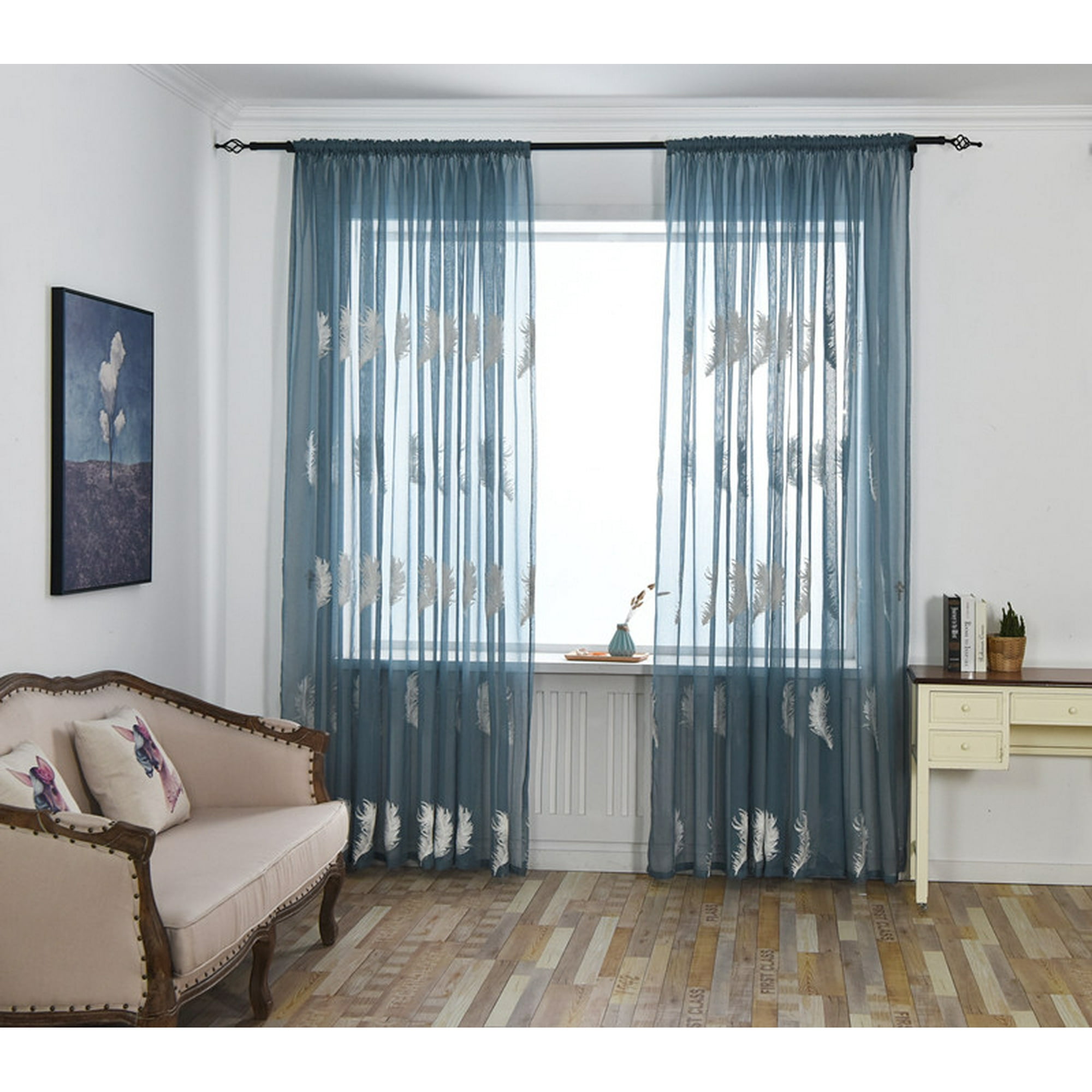 1pair 100 250cm Embroidery Leaves Feather Bedroom Curtain Tulle