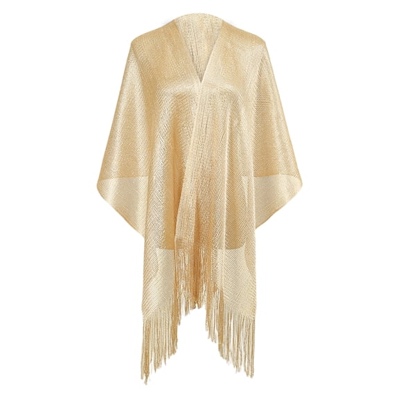 Women's Glitter Metallic Shawl Wrap Wedding Prom Party Sheer Mesh Open Front Cape Yellow One Size