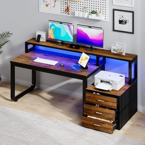 DreamCurship 67 inch Computer Desk with Monitor Stand, Writing Desk with Adjustable LED Light, Reversible Home Office Desk with 3 Storage Drawers, White and Walnut