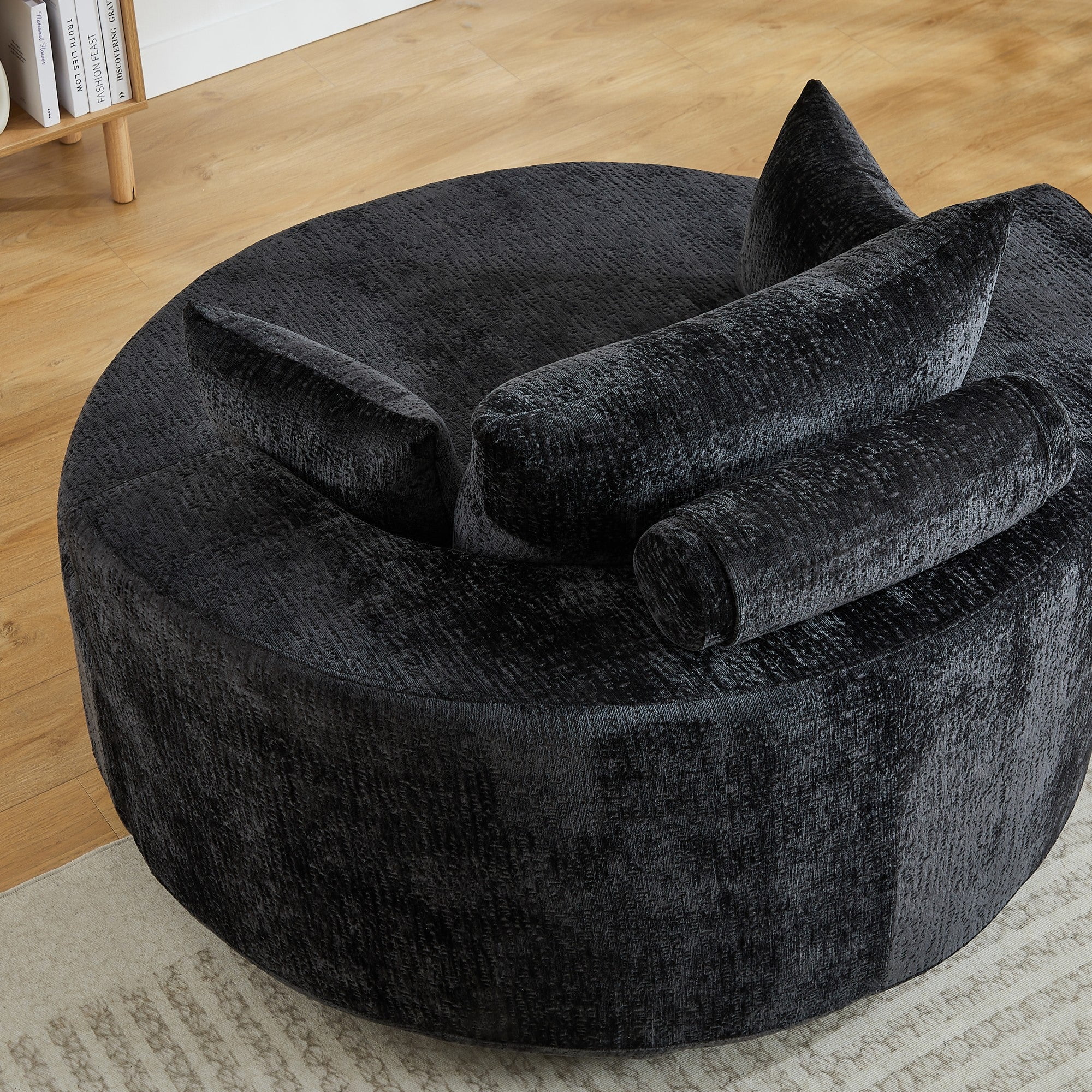 Sailvan 55" Polyester Fabric Swivel Chair, Modern Round Sleeper Sofa with 360 Degree Rotation, Fluffy Foam Lounge Chair for Living Room Black