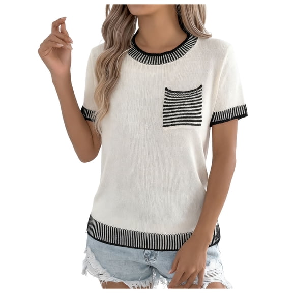 Jalioing Short Sleeve Sweaters for Women Fashion Color Block Crew Neck Sweater Tops Spring Casual Knitted Shirts