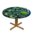 thumbnail image 3 of PIKWEEK Round Tablecloth with Elastic Edge Vintage Animal Peacock Green Feather White, 3 of 8
