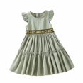 thumbnail image 1 of B91xZ Girls Spring Summer Dress Puff Sleeve Crew Neck Printed Dress,Green 3-4Years, 1 of 5