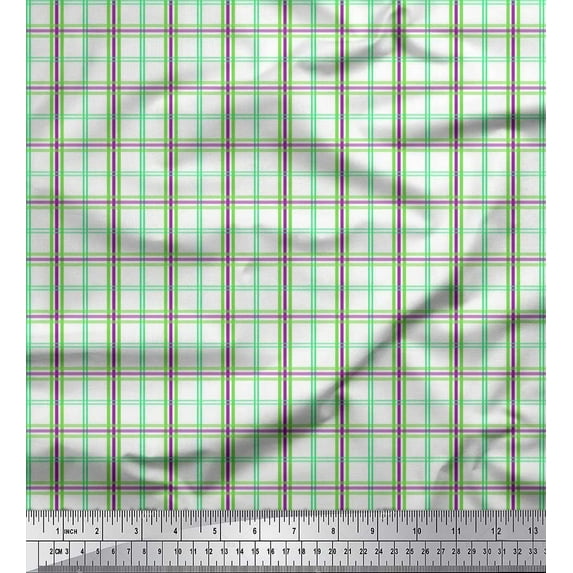 Soimoi Green Rayon Crepe Fabric Window Pane Check Decor Fabric Printed Yard 46 Inch Wide