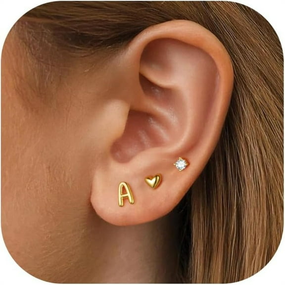 Turandoss Initial Stud Earrings Set for Girls 14K Gold Plated S925 Sterling Silver Post 3 Pairs Cute Letter Heart Cz Stud Hypoallergenic Jewelry Mothers Day Birthday Gifts for Girls Toddler