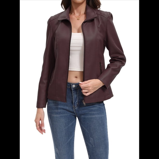 Chaqueta de Piel Sintética para Mujer, Estilo Motociclista, con Cremallera, Ideal para Salir. Café L