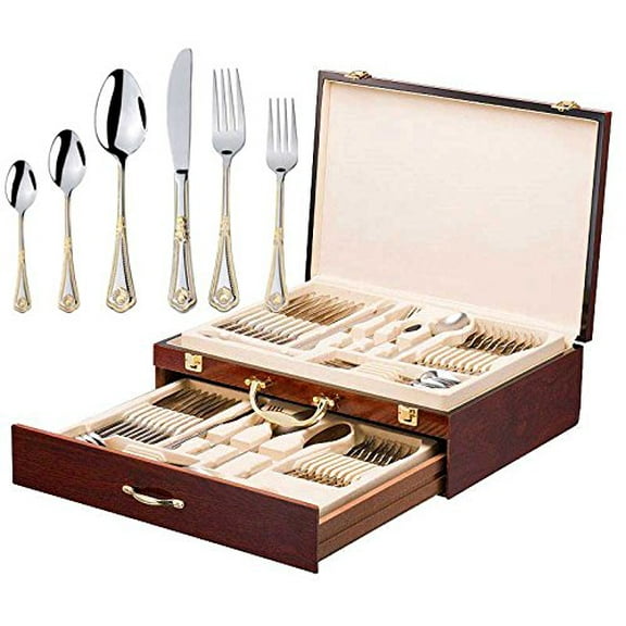 Italian Collection 'Seashell' 75-Pc Premium Flatware Set w/Wooden Storage Case