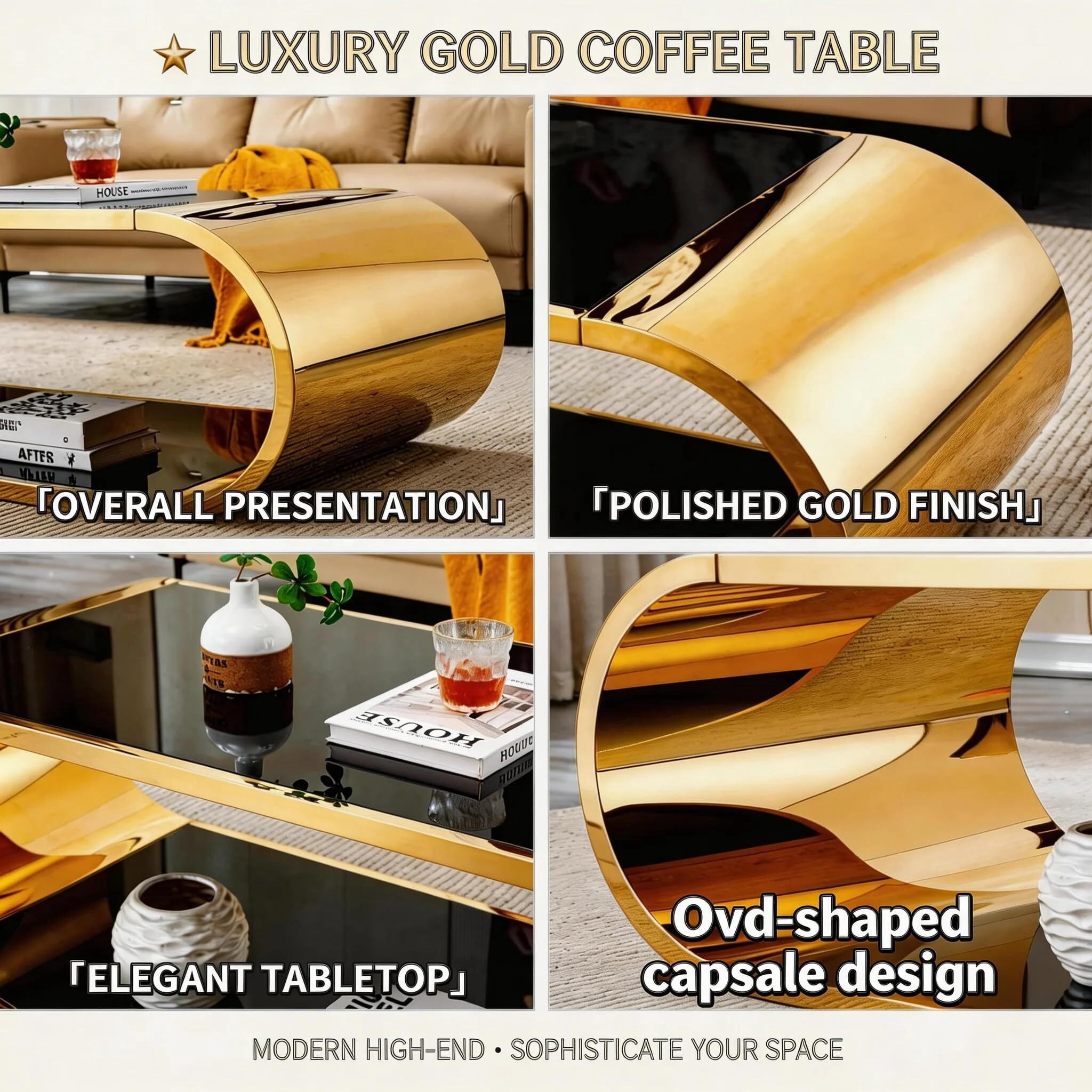 Shikeyi 57" Modern Oval Coffee Table with Gold Stainless Steel Base, 2-Tier Black Tempered Glass Top, Luxury Curved Center Table for Living Room, Home Office, Apartment, Unique Glam Decor