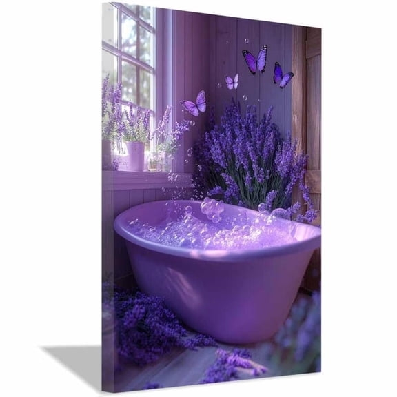 Mudket Purple Lavender Bathtub Bathroom Canvas Wall Art, Butterfly Floral Wall Decor, Romantic Purple Flower Artwork for Bathroom Bedroom, Framed Ready to Hang Canvas Print - 12"L x 8"W