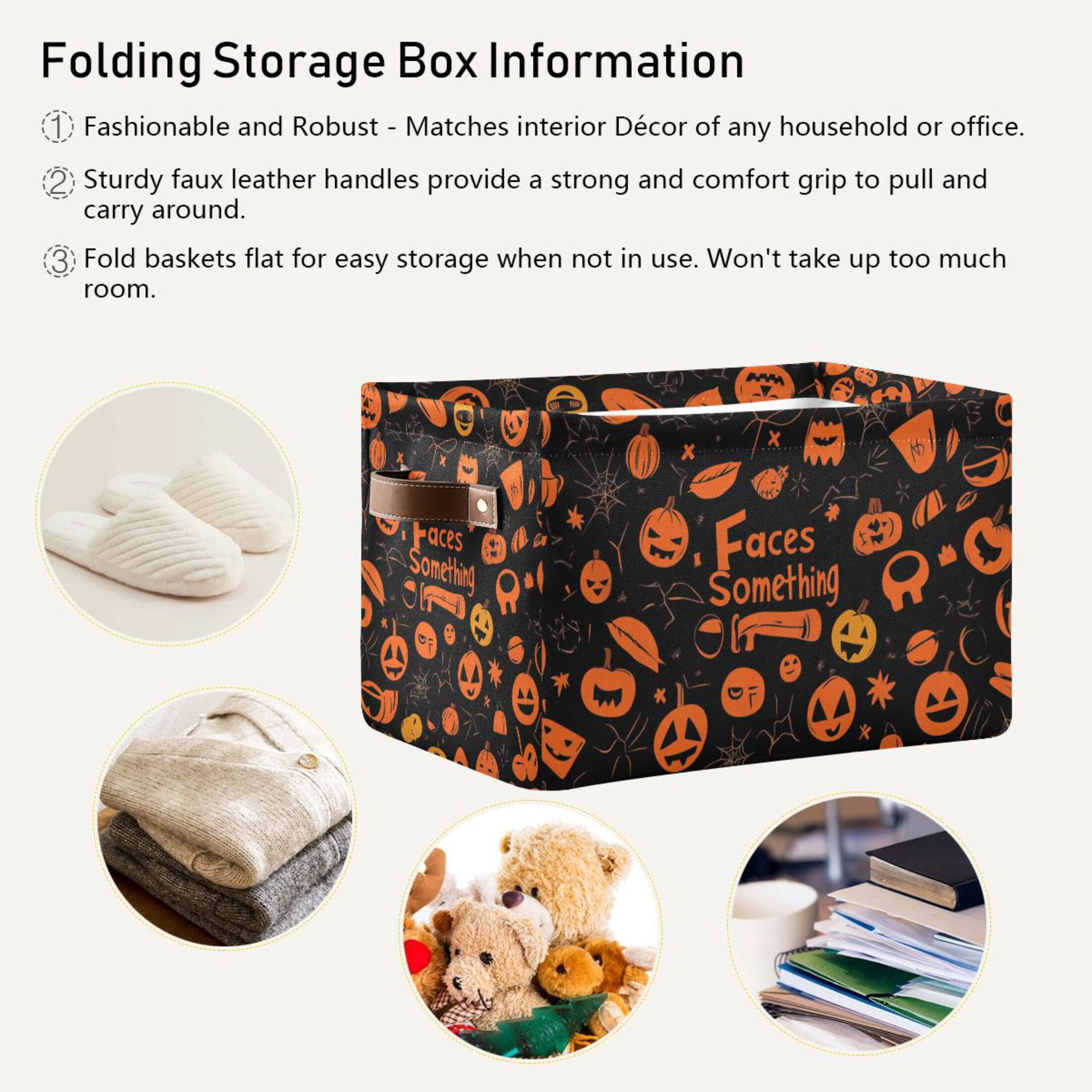 WOBOGO Pattern Of Black and Orange Halloween Symbols Square Storage Basket with Waterproof Canvas and PE Lining Durable PU Leather Handles 14.2×10.2×8.3in