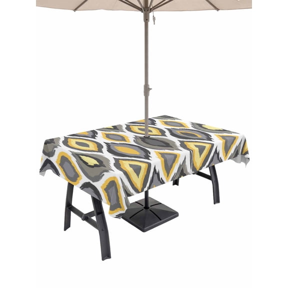 Outdoor Tablecloth with Umbrella Hole for Patio/Picnic/Party/Camping, Yellow Black Geometric Waterproof Table Cloth Rectangle Table Cover Washable, Abstract Art Diamond Modern (54"x 80")