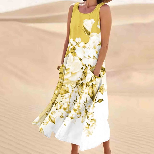 FcBaudy Robe Sans Manches à Encolure Ronde, Robes d'Été pour Femmes, Robes pour Femmes Robe Sans Manches et en Lin à la Mode à Encolure Ronde Imprimée Longue Robe Femme