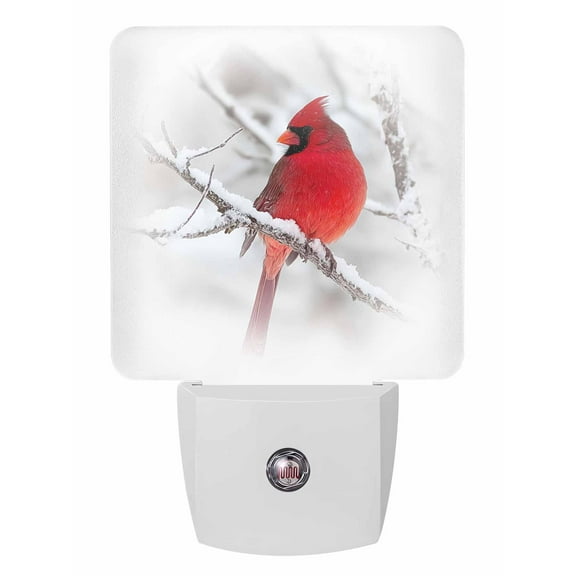 Christmas Night Lights Auto Sensor Red Cardinal Bird Plug-in LED Nightlights Dusk to Dawn for Living Room, Bedroom, Bathroom, Hallway, Stairways Xmas Wall Decor, Winter Snowy Branch Night Light