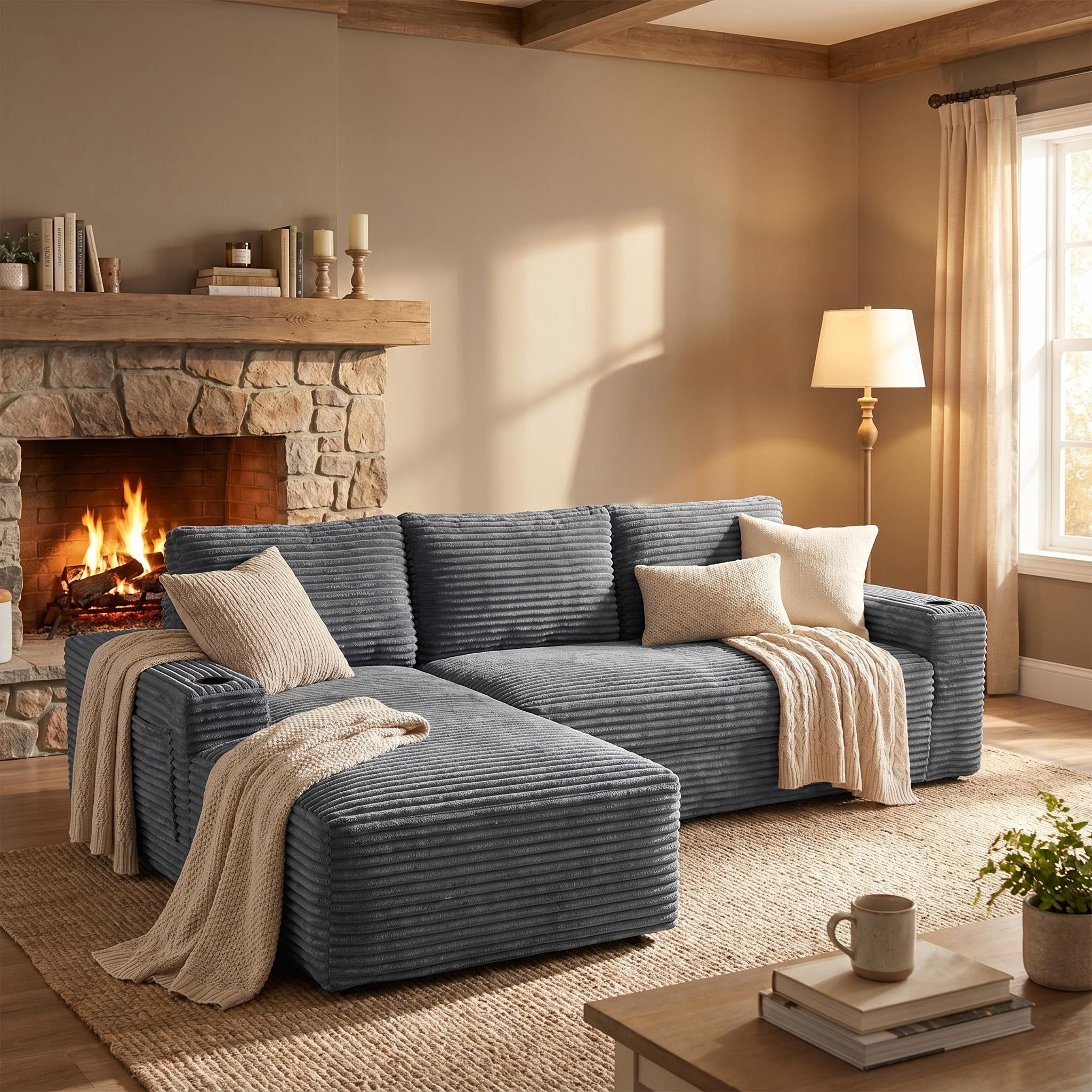 AISWORD 104.3" L-Shaped Modular Sectional Sofa, Corduroy 4-Seater Cloud Couch with Cup Holders & Side Pockets, Boneless Upholstered Sofa, No Assembly, Gray, Left-Facing Chaise