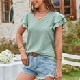 thumbnail image 4 of Camiseta de mujer con mangas cortas con volantes, doble capa, cuello en V, agujeros calados, Top informal de verano, 4 of 7