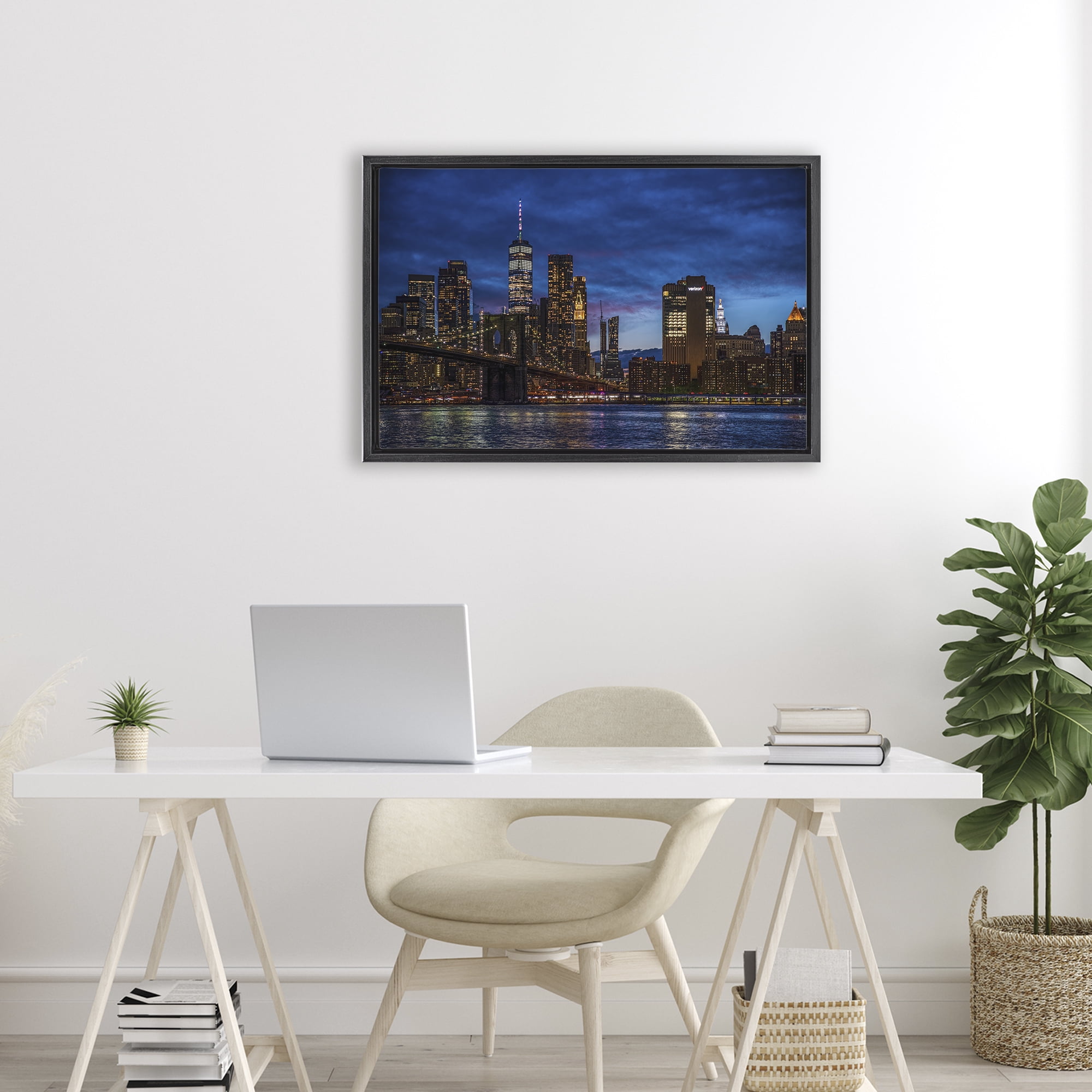 Stupell Industries Brooklyn Bridge at Night Black Framed Floater Canvas Wall Art, design by Tim West