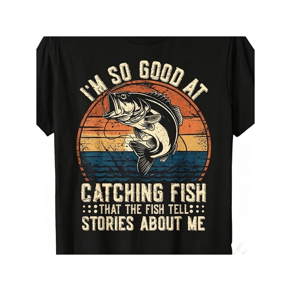 Men’s Funny Fisherman Bass Fishing Jokes Fish Pattern Print Crew Neck Casual T-Shirt, Breathable Cotton Fashion Boutique Gift for Daily Wear