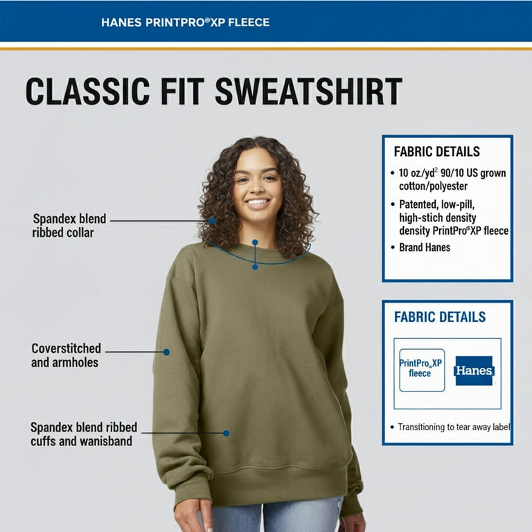 Hanes Unisex Ultimate Cotton Crewneck Sweatshirt 90/10 Cotton