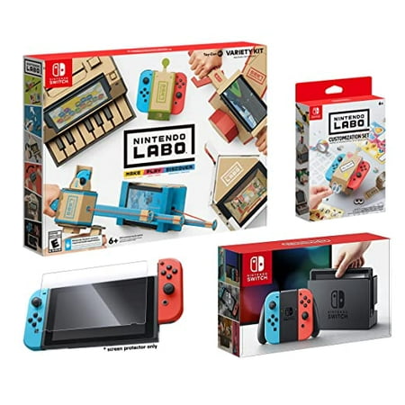 Nintendo Switch and LABO Variety Kit Starter Bundle (4items): Labo Variety Kit, Official LABO Customization Set, Screen Protector and Switch 32GB Console - Neon Red/Neon Blu