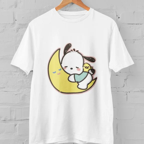 Kawaii Pochacco Sleeping on Moon Sanrio Graphic T Shirt Adult Unisex Tee Cute