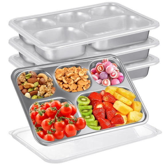 4 Pcs Stainless Steel Snack Containers, 5-compartment Bento Boxes with Lids, Deep Large Metal Lunch Trays, Stackable Divided Lunch Containers for Home, Office, Travel