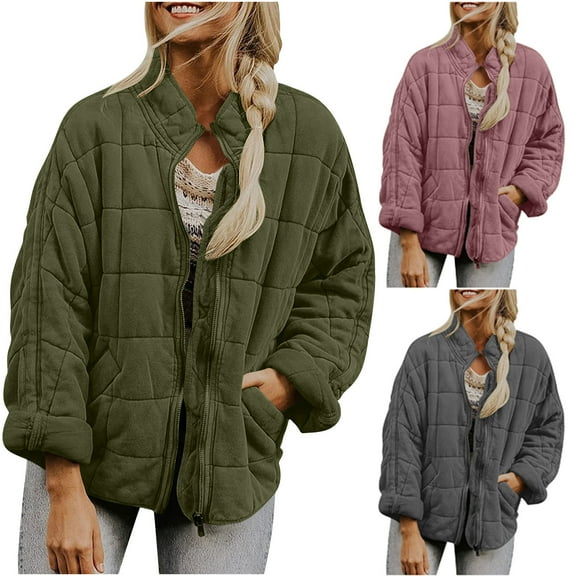 FRSASU Women's Cotton Jacket Solid Color Stand Collar Zip up Long Sleeve Warm Oversized Coat Pink